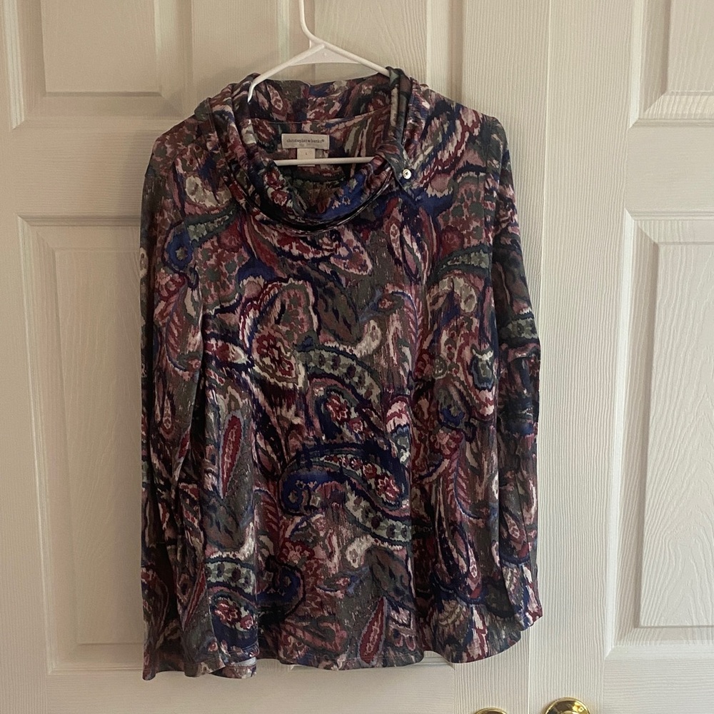 Christopher & Banks Navy Multicolor Paisley Cowl-Neck Long Sleeve Top CJ Banks